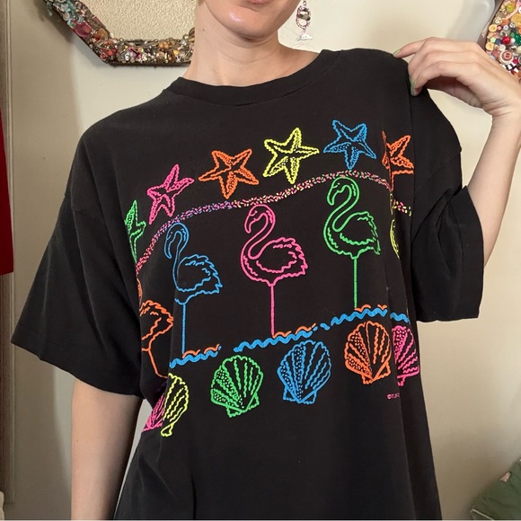 Screen Stars Tops - Vintage 80’s neon flamingo Black Tee with Neon Graphic